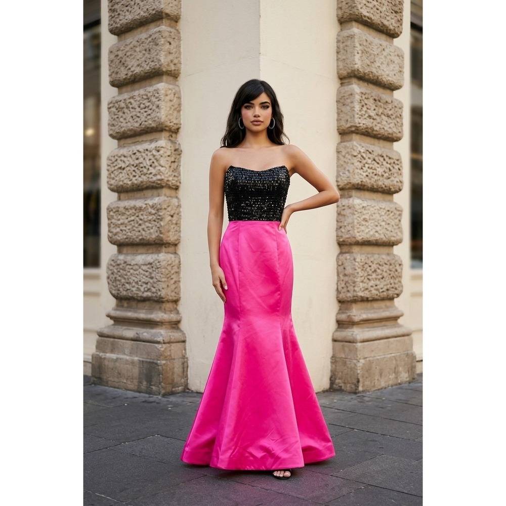 Sherri Hill 32158 Hot‎ Pink Black Beaded Mermaid Prom Gown Dress Strapless